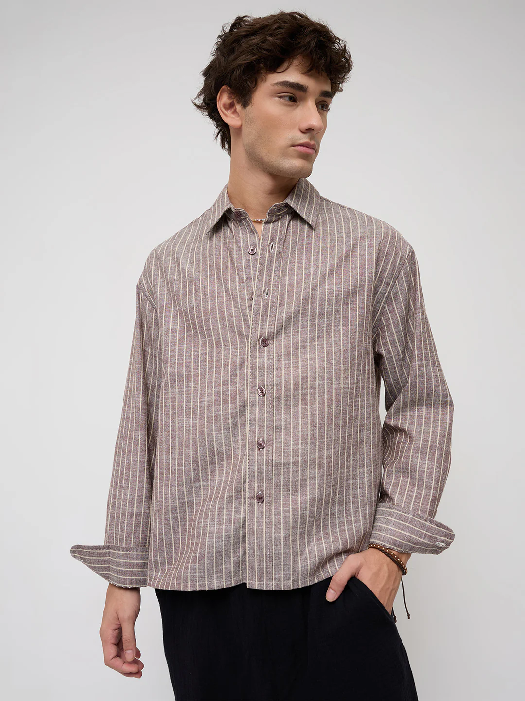 Brown & Ivory Striped Boxy Fit Crop Shirt - Image 5