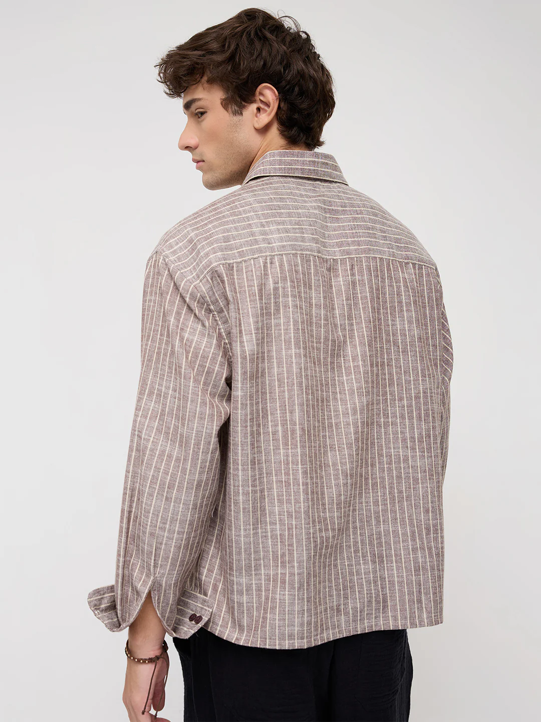 Brown & Ivory Striped Boxy Fit Crop Shirt - Image 6