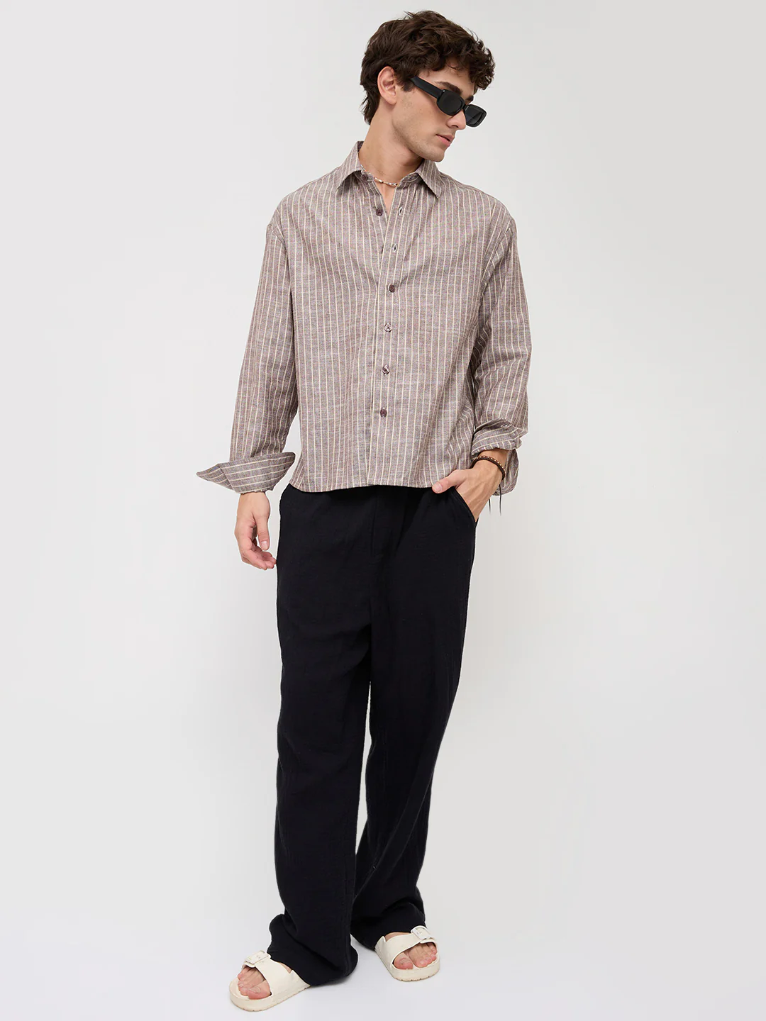 Brown & Ivory Striped Boxy Fit Crop Shirt - Image 7