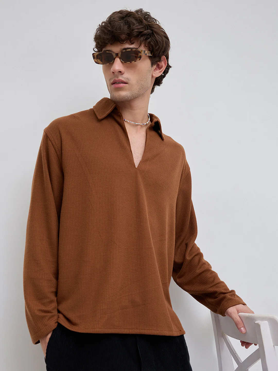 Brown Micro Weave Knitted Oversized Polo Shirt