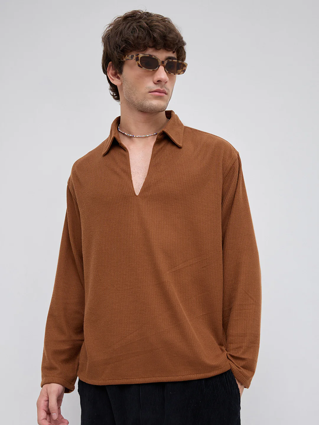 Brown Micro Weave Knitted Oversized Polo Shirt - Image 2