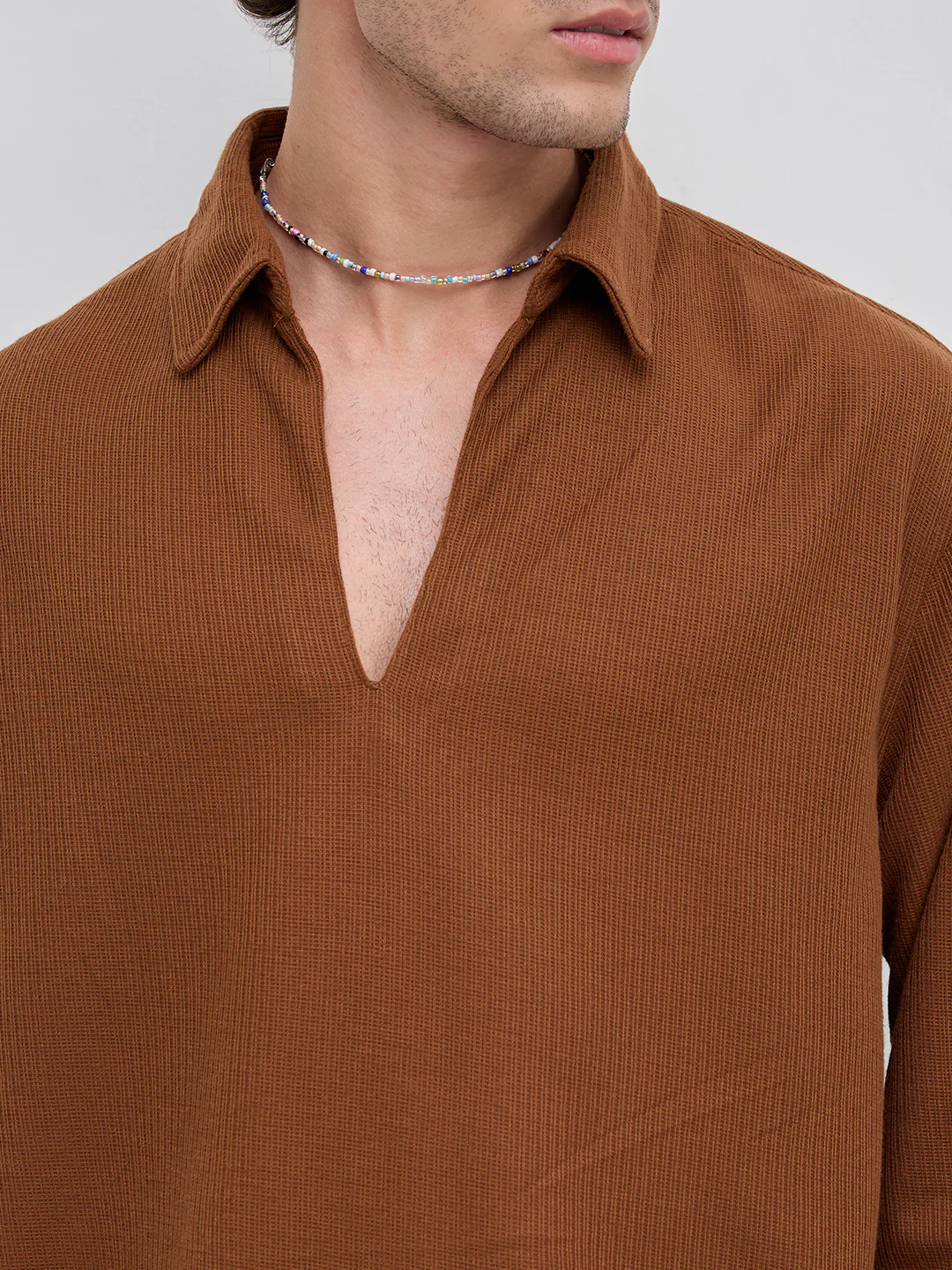 Brown Micro Weave Knitted Oversized Polo Shirt - Image 3