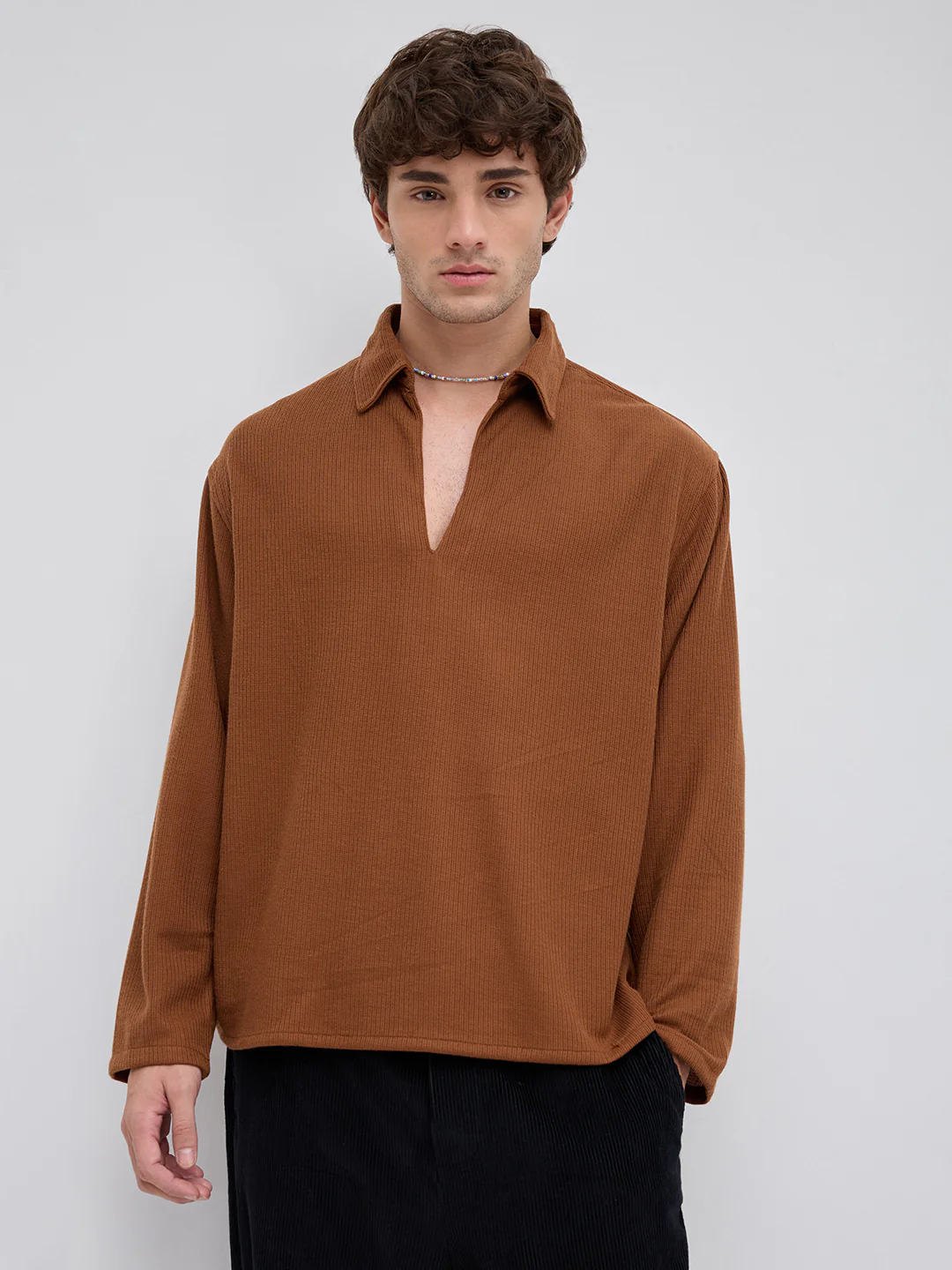 Brown Micro Weave Knitted Oversized Polo Shirt - Image 4