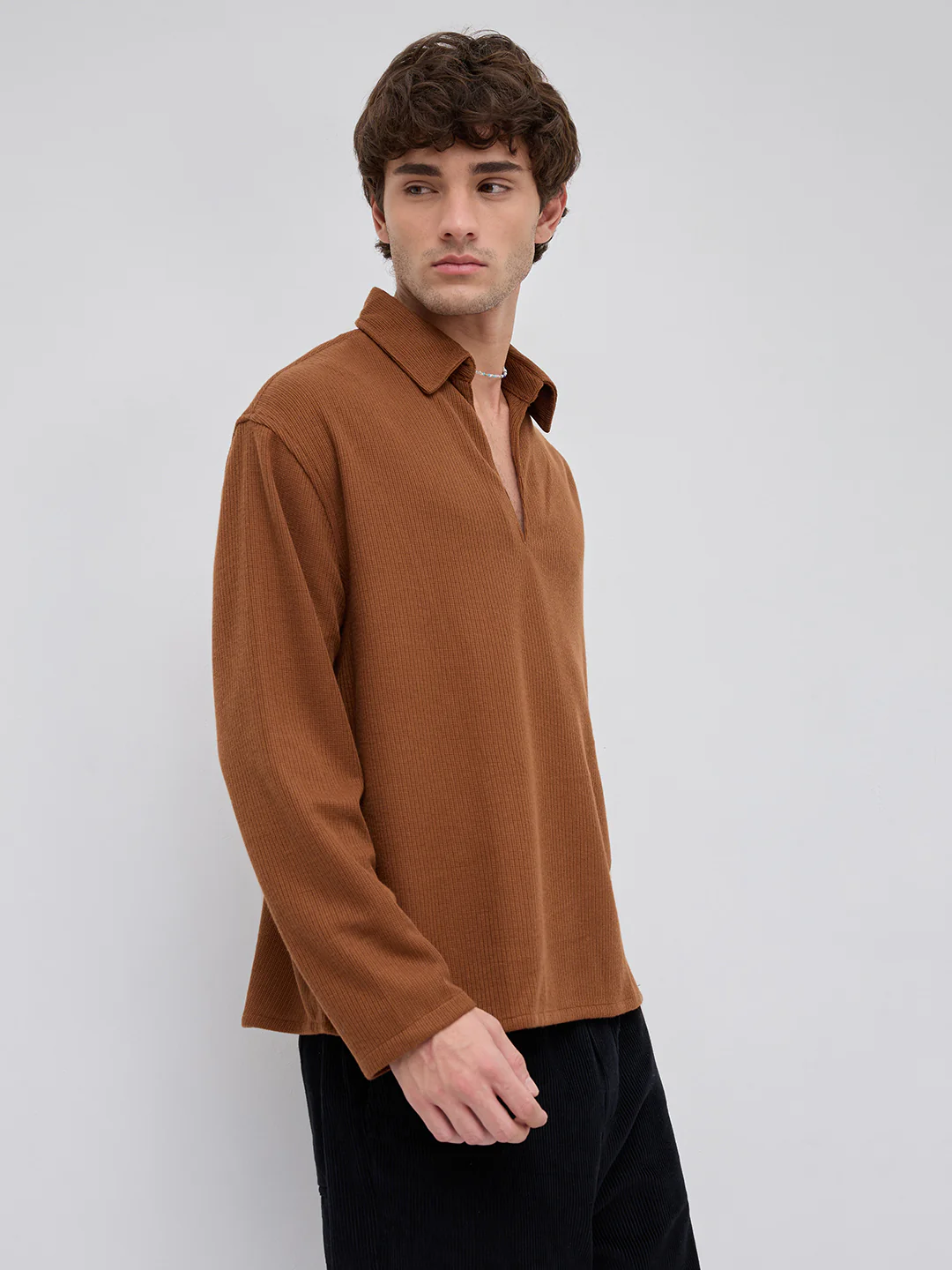 Brown Micro Weave Knitted Oversized Polo Shirt - Image 5