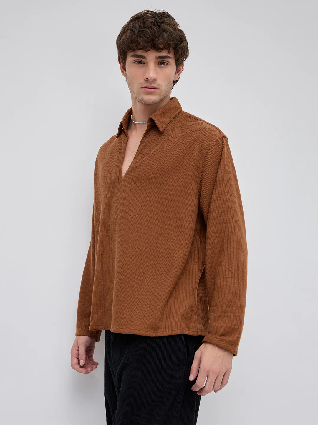 Brown Micro Weave Knitted Oversized Polo Shirt - Image 6