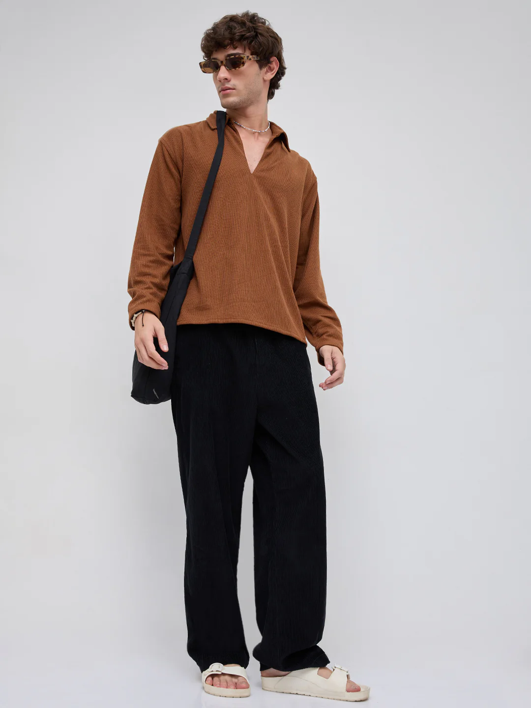 Brown Micro Weave Knitted Oversized Polo Shirt - Image 8