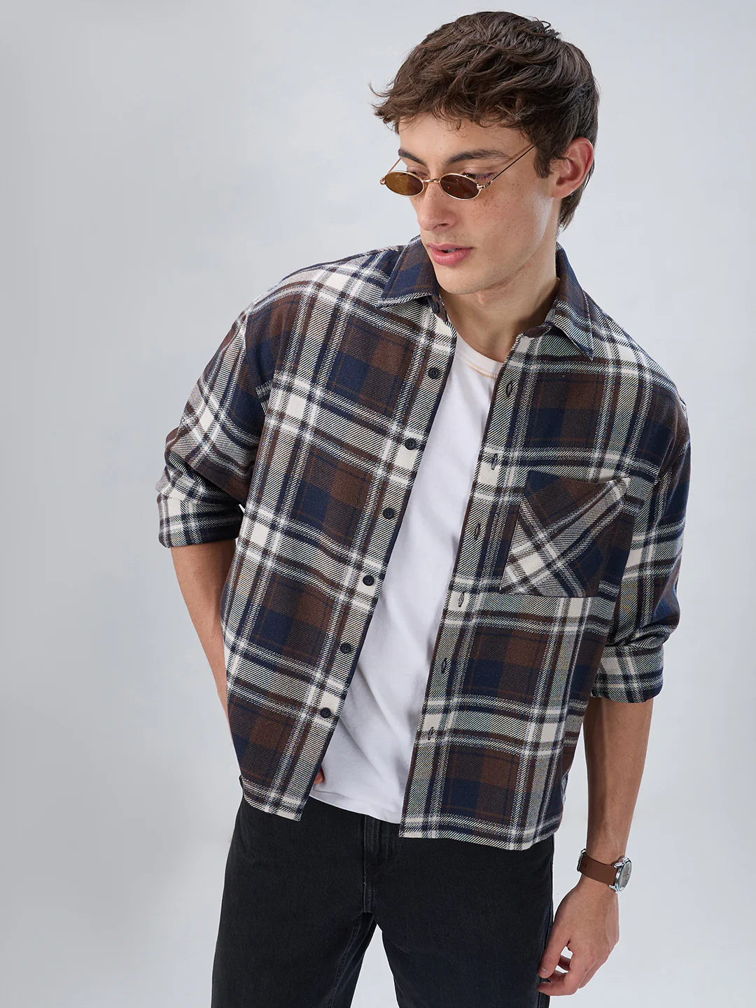 Brown & Navy Plaid Checks Boxy Fit Crop Shirt - Image 2