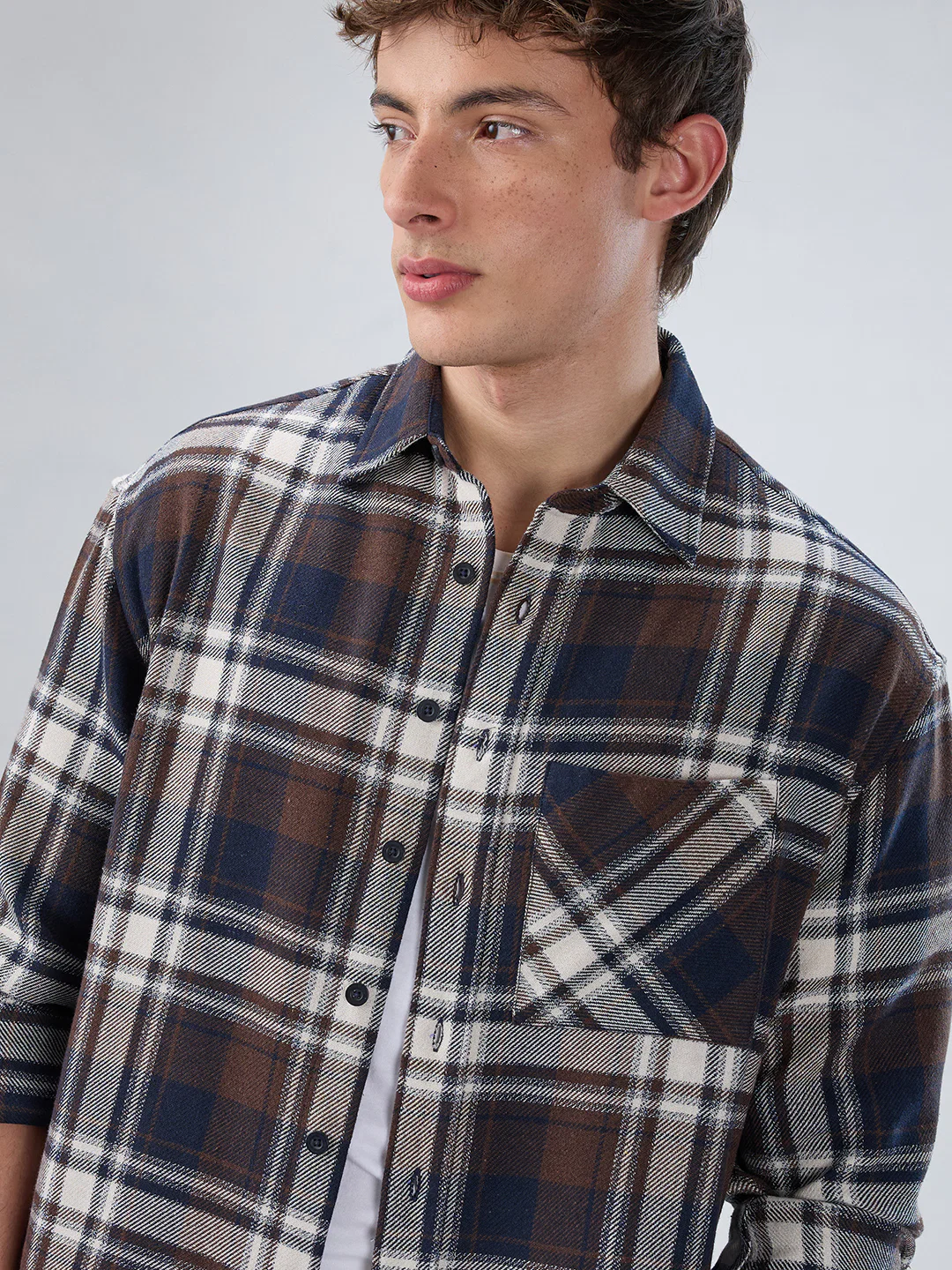 Brown & Navy Plaid Checks Boxy Fit Crop Shirt - Image 3
