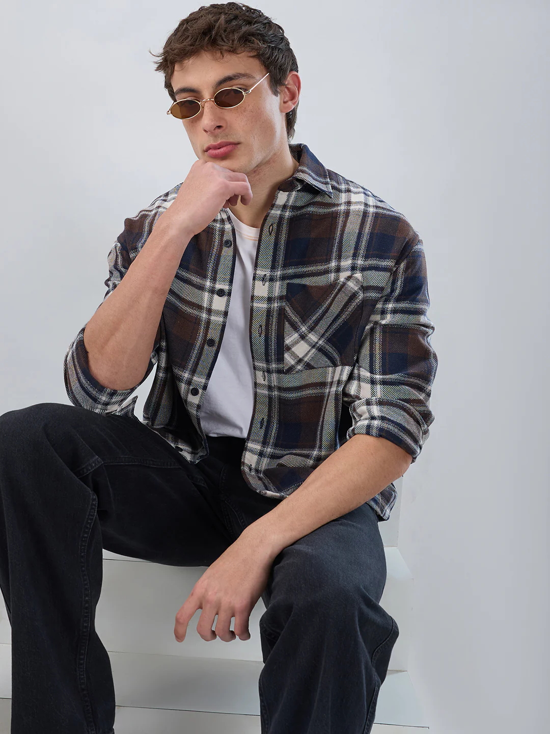 Brown & Navy Plaid Checks Boxy Fit Crop Shirt - Image 4