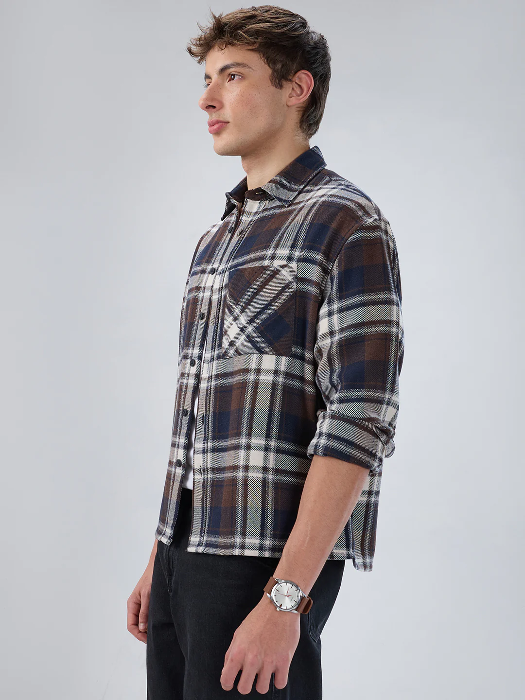 Brown & Navy Plaid Checks Boxy Fit Crop Shirt - Image 5
