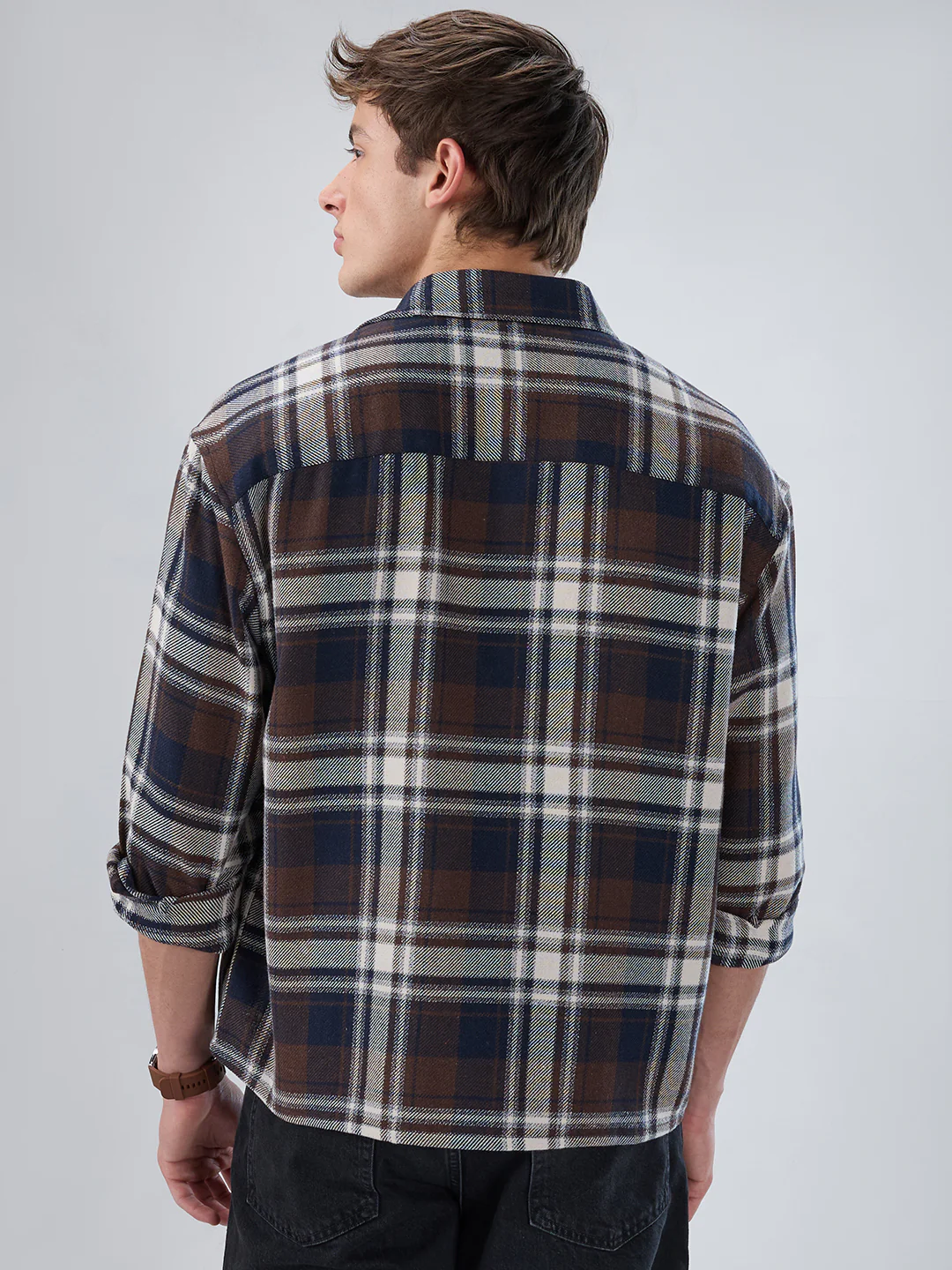 Brown & Navy Plaid Checks Boxy Fit Crop Shirt - Image 6