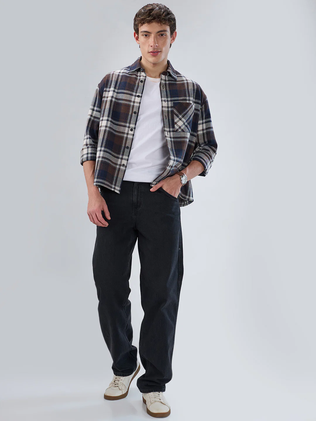 Brown & Navy Plaid Checks Boxy Fit Crop Shirt - Image 7