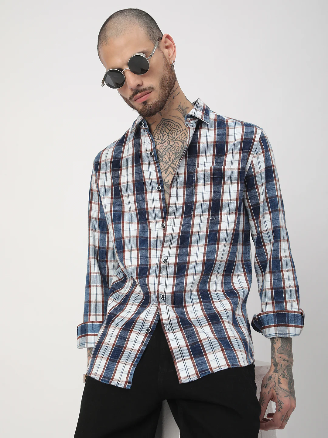 Denim Brown & Navy Plaid Checks Shirt - Image 2
