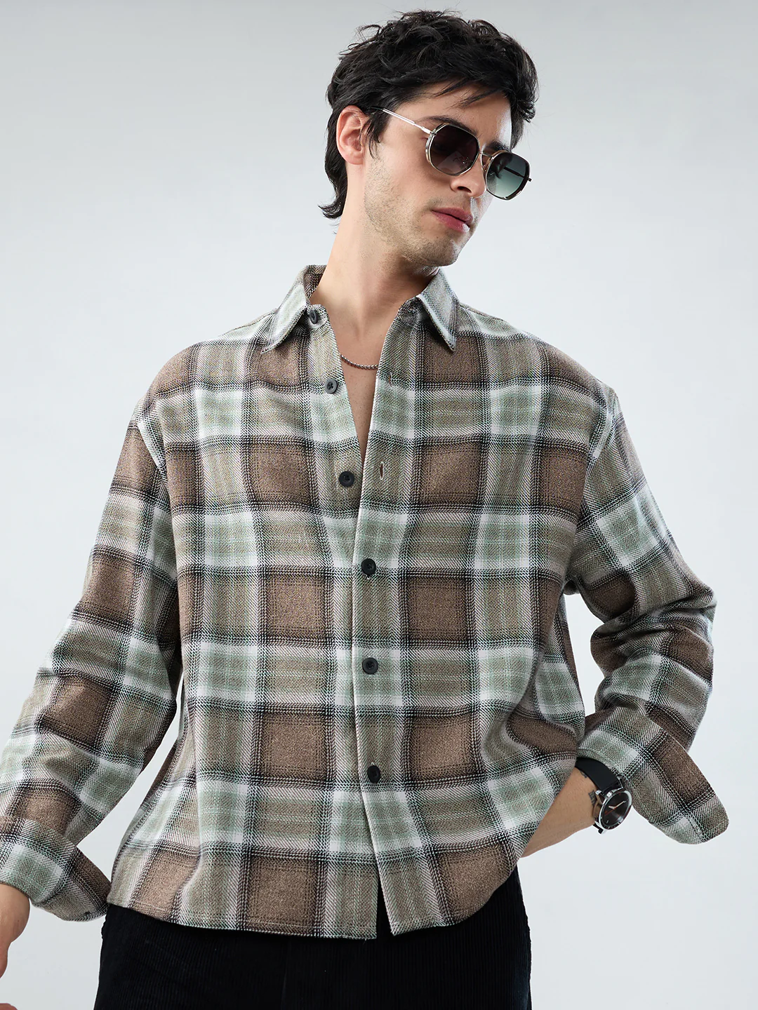 Brown & Olive Retro Contrast Checks Boxy Fit Crop Shirt - Image 2