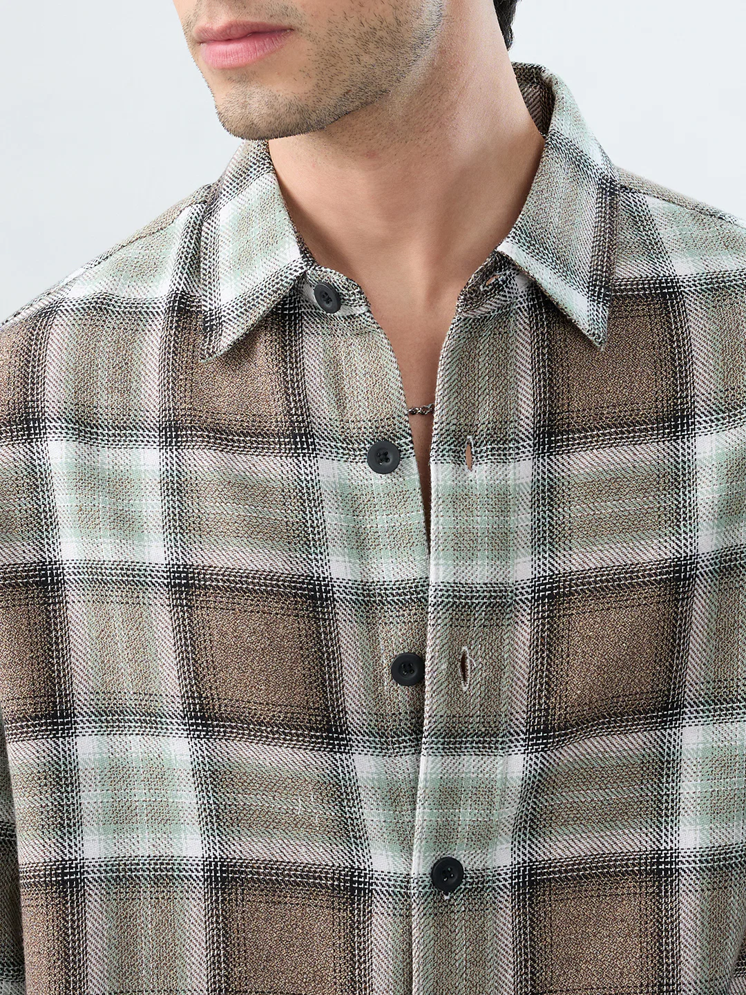 Brown & Olive Retro Contrast Checks Boxy Fit Crop Shirt - Image 3