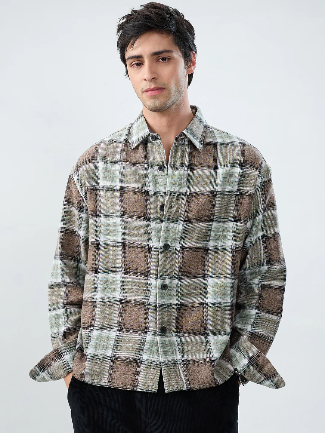 Brown & Olive Retro Contrast Checks Boxy Fit Crop Shirt - Image 4