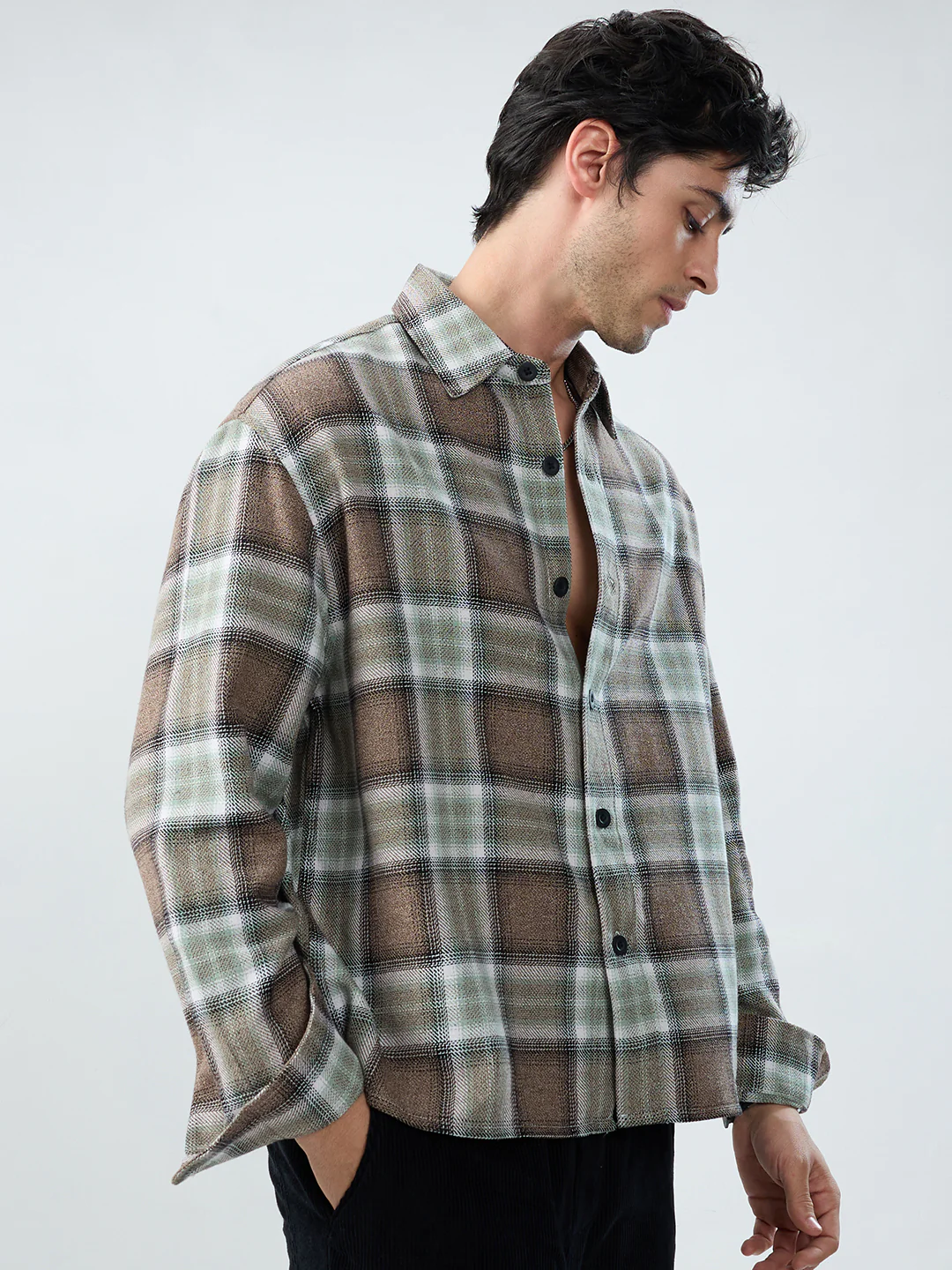 Brown & Olive Retro Contrast Checks Boxy Fit Crop Shirt - Image 5