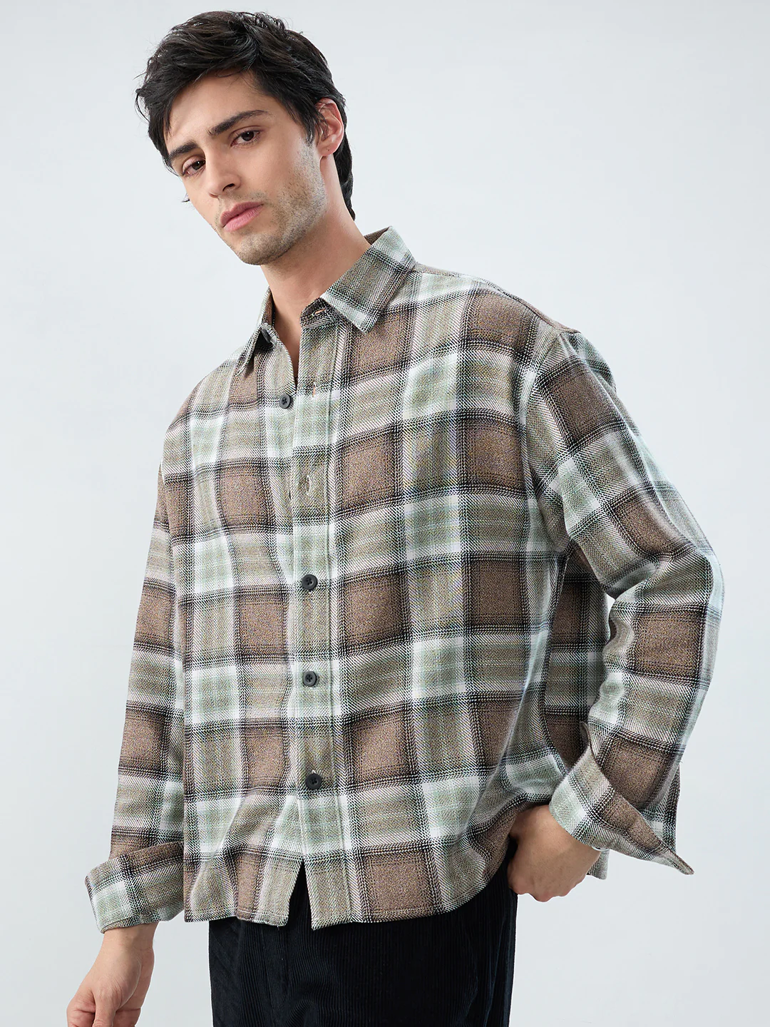 Brown & Olive Retro Contrast Checks Boxy Fit Crop Shirt - Image 6