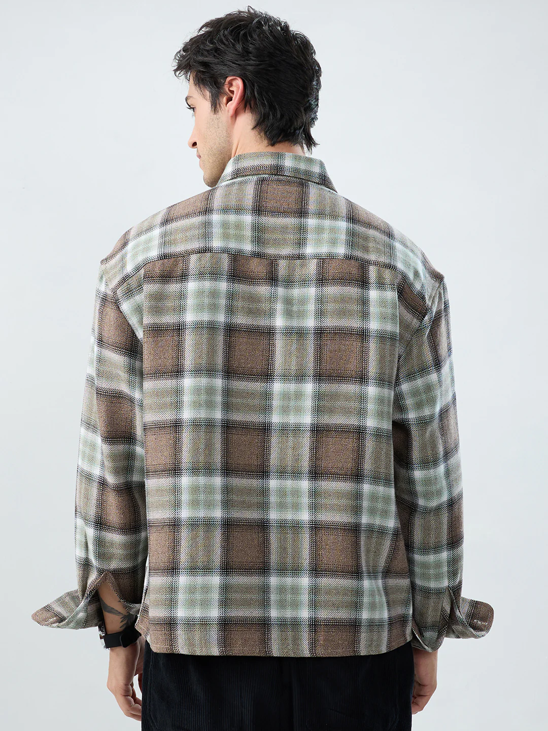 Brown & Olive Retro Contrast Checks Boxy Fit Crop Shirt - Image 7