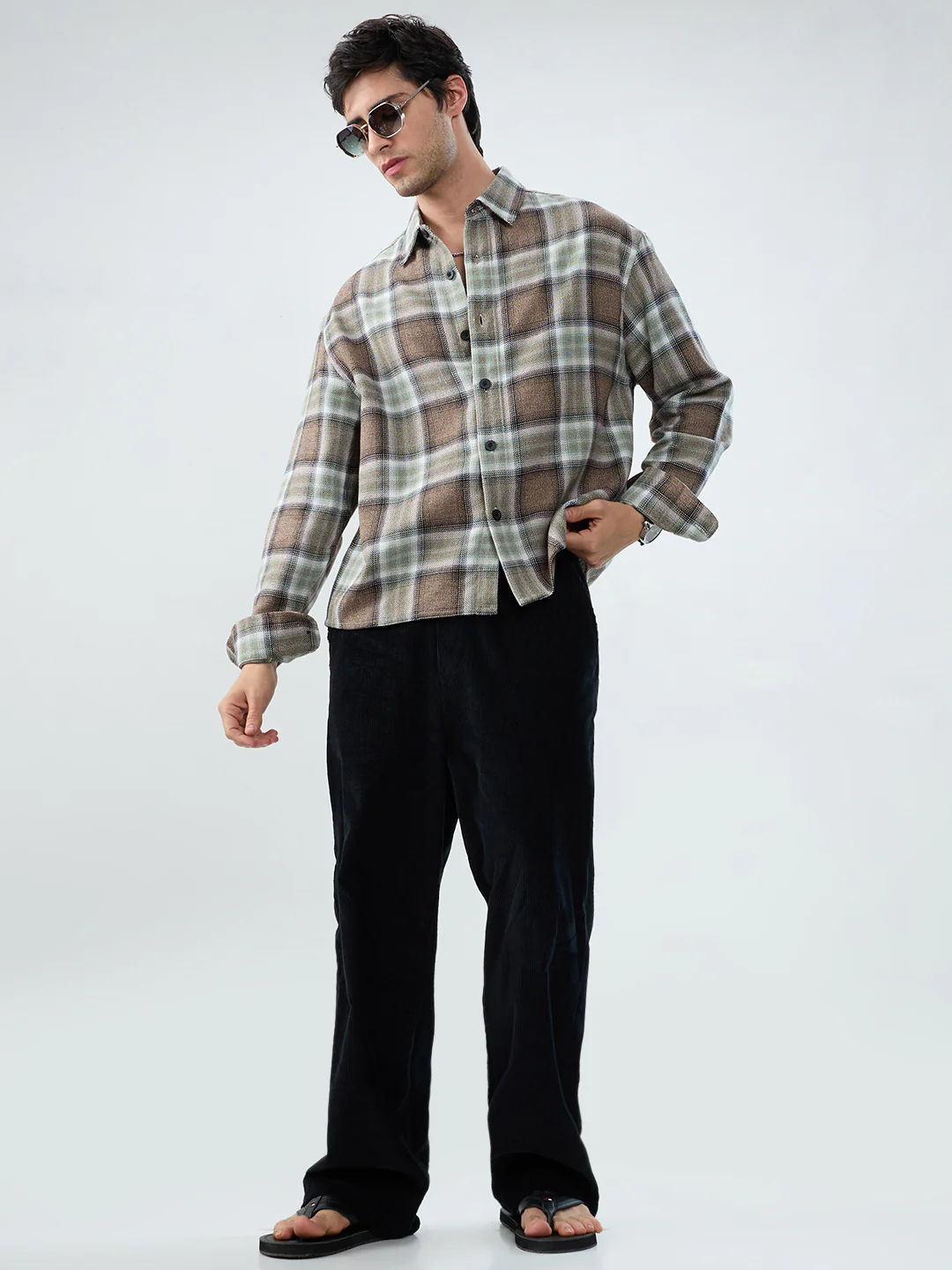 Brown & Olive Retro Contrast Checks Boxy Fit Crop Shirt - Image 8