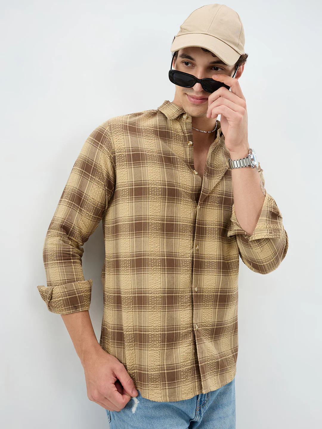 Brown Seersucker Checkered Shirt