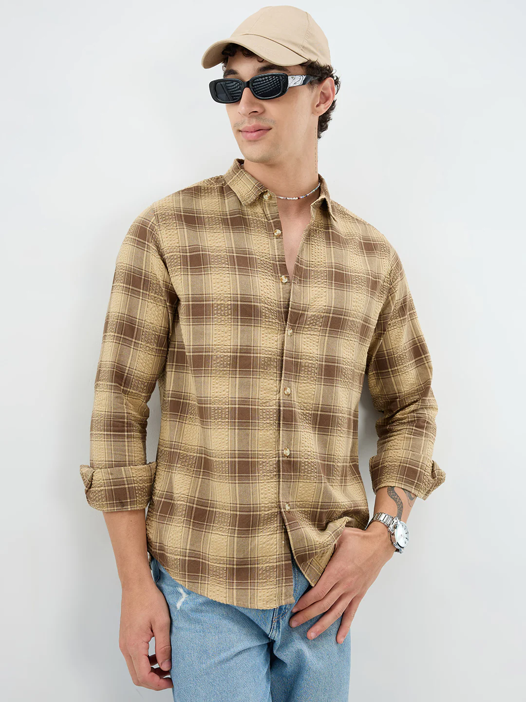 Brown Seersucker Checkered Shirt - Image 6