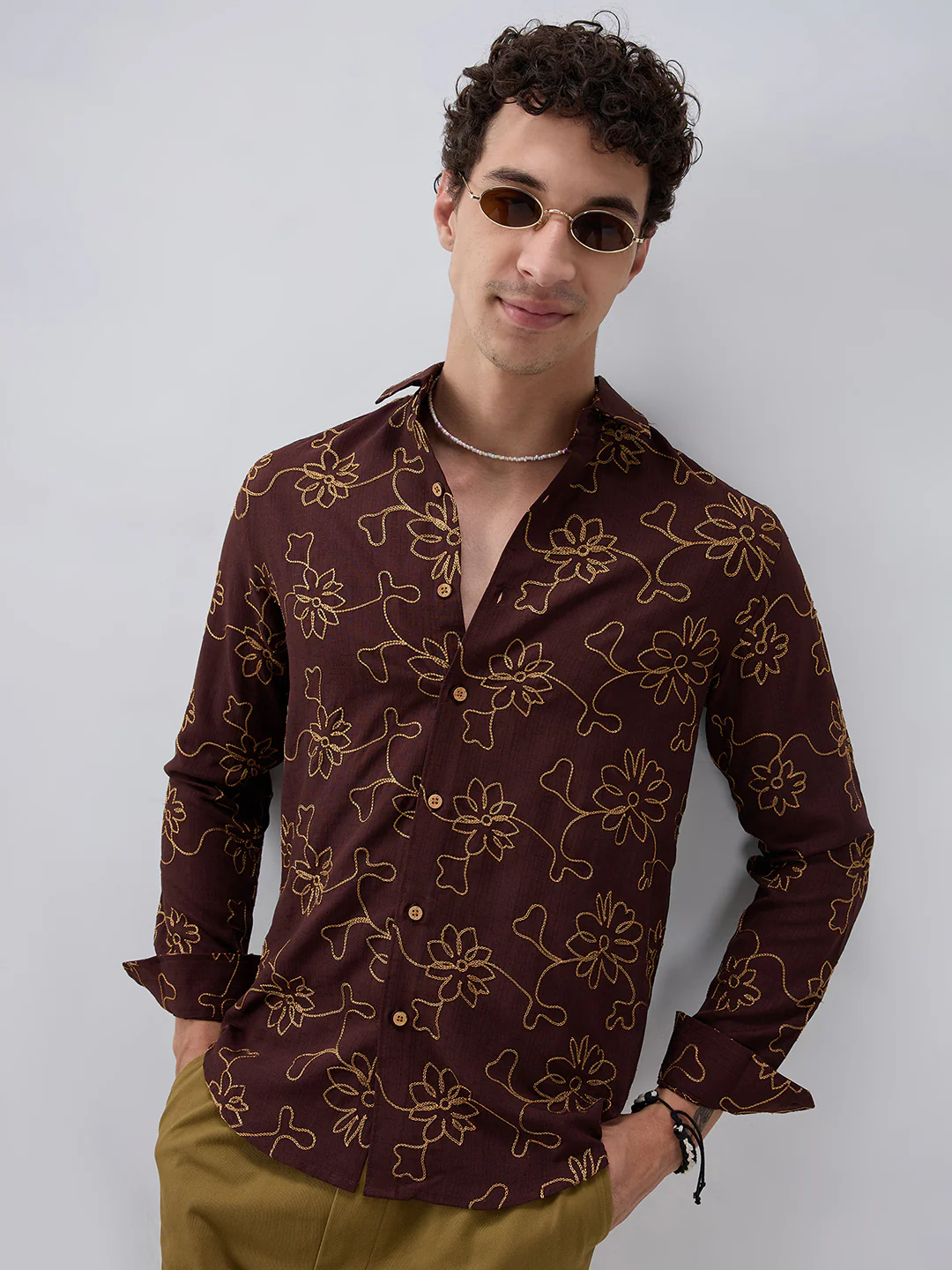 Brown Slub Textured Floral Contrast Embroidered Shirt - Image 4