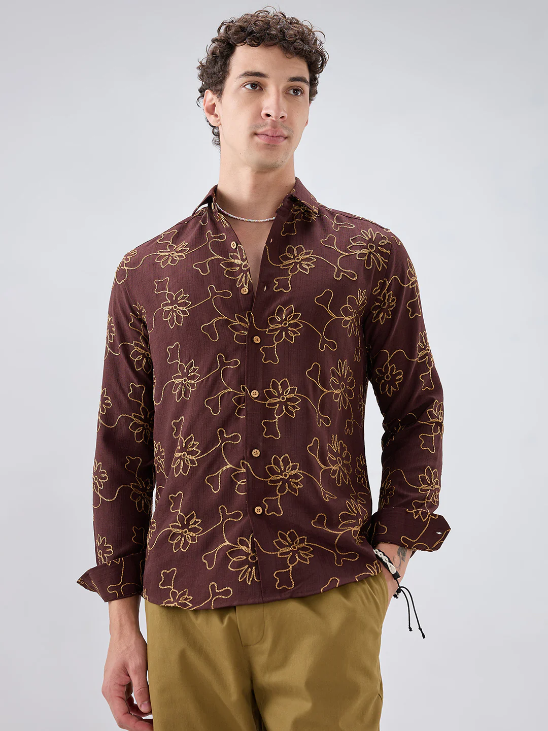 Brown Slub Textured Floral Contrast Embroidered Shirt - Image 5