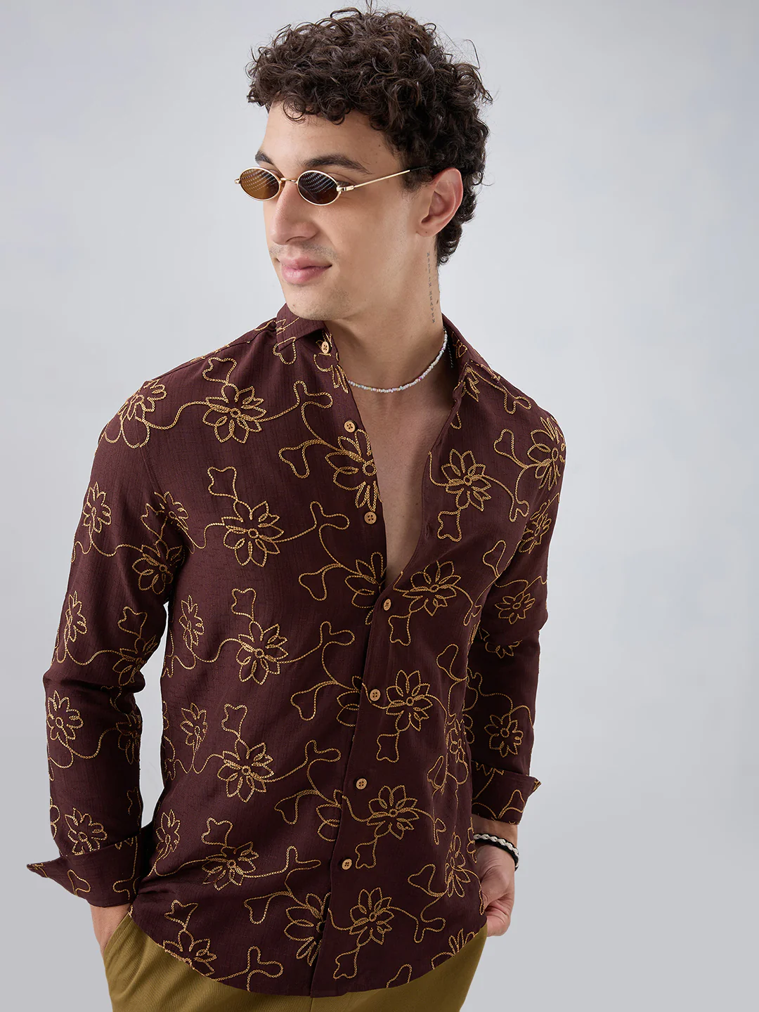 Brown Slub Textured Floral Contrast Embroidered Shirt - Image 6