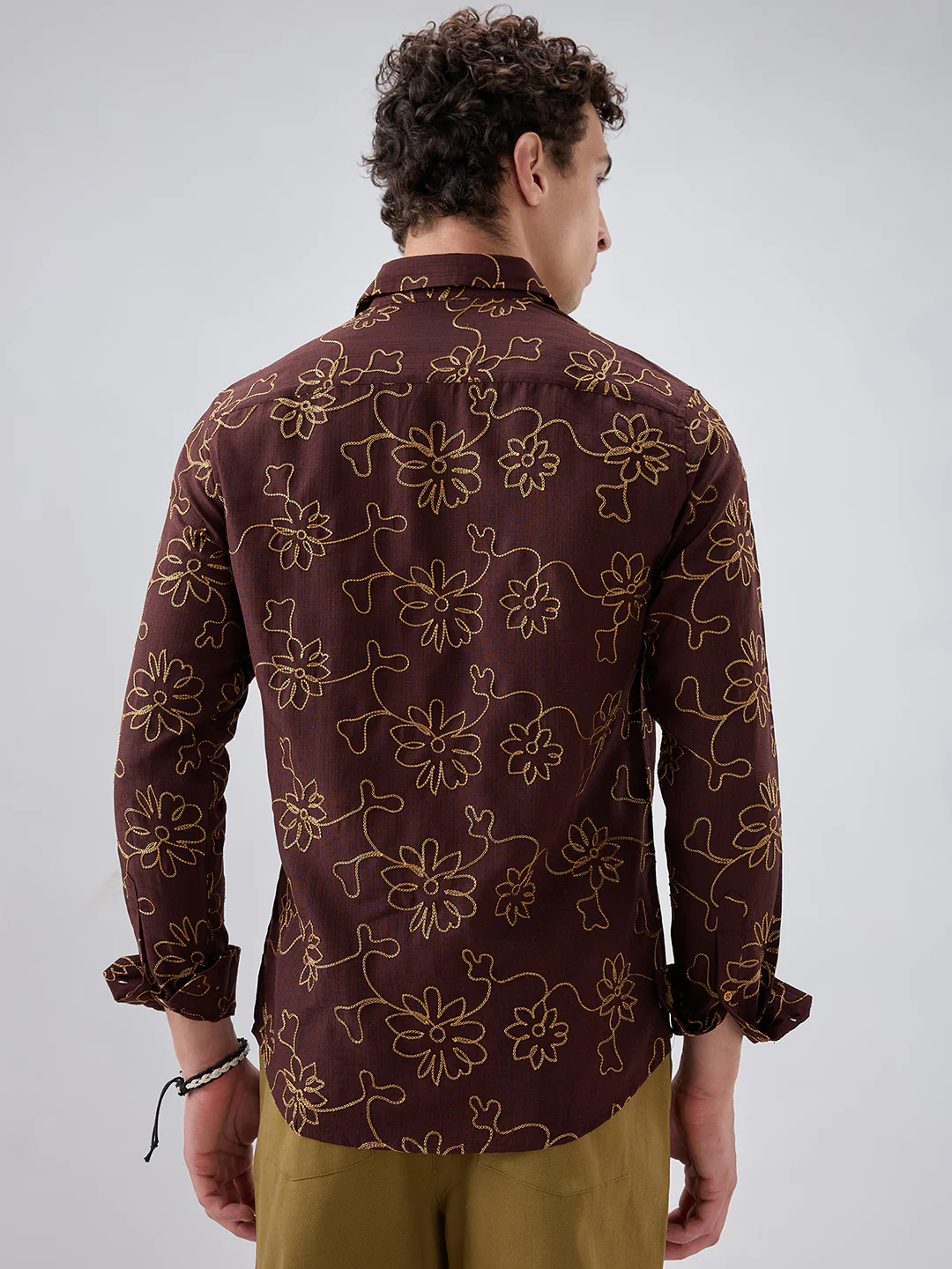 Brown Slub Textured Floral Contrast Embroidered Shirt - Image 7
