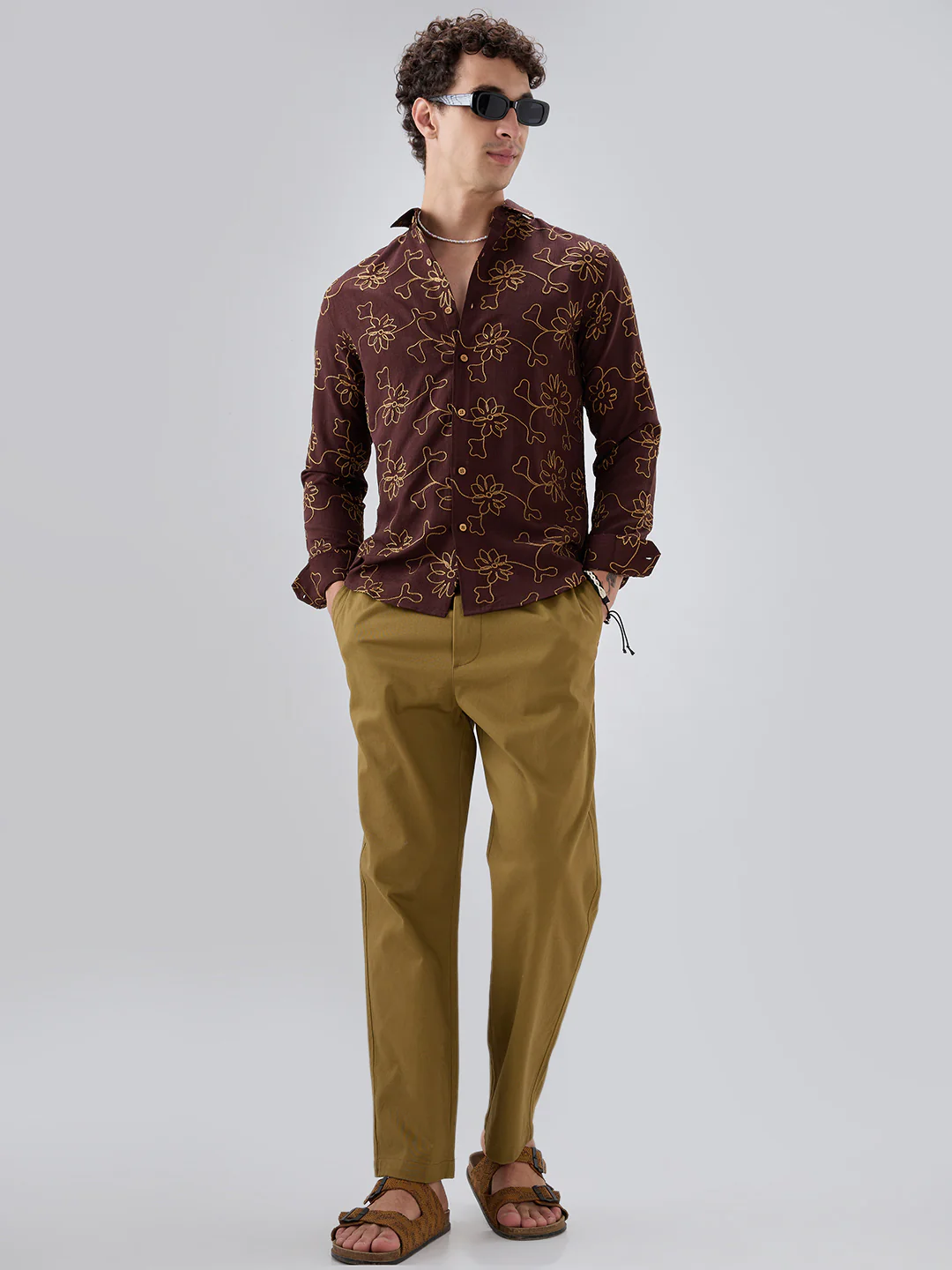 Brown Slub Textured Floral Contrast Embroidered Shirt - Image 8