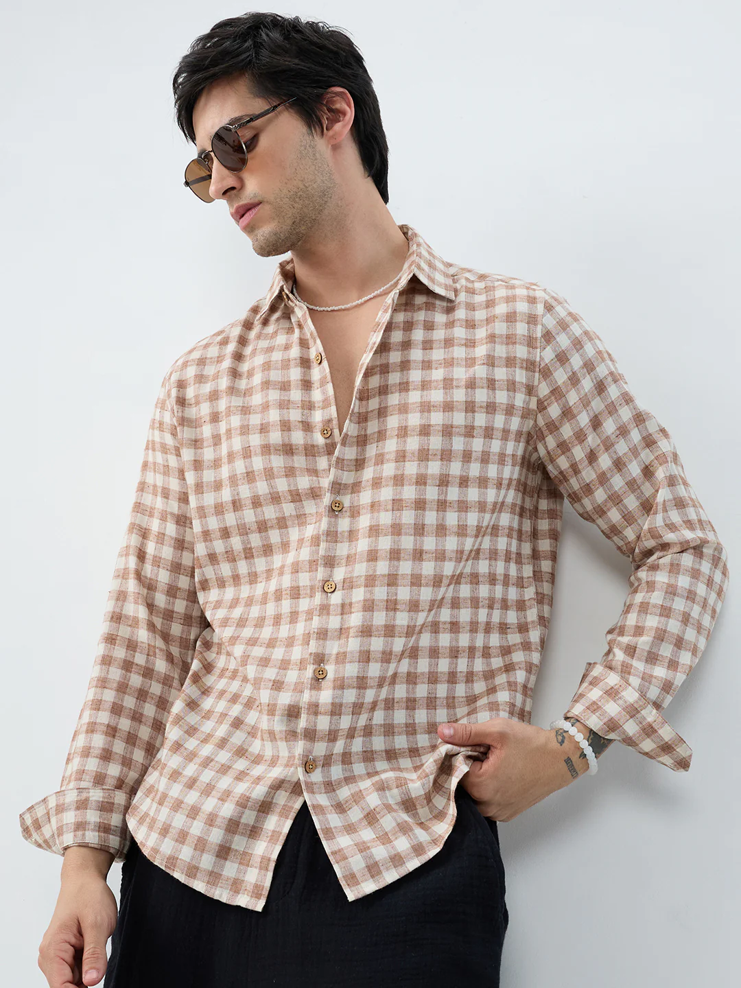 Brown Square Checks Linen Blend Shirt - Image 2