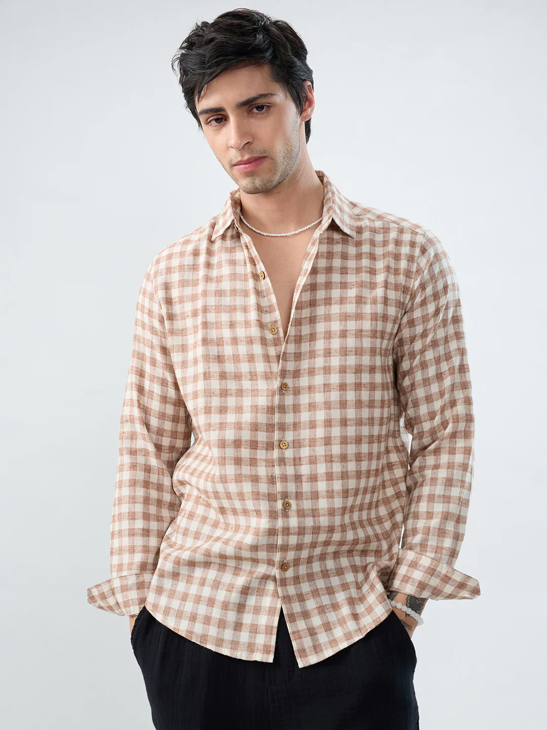 Brown Square Checks Linen Blend Shirt - Image 4