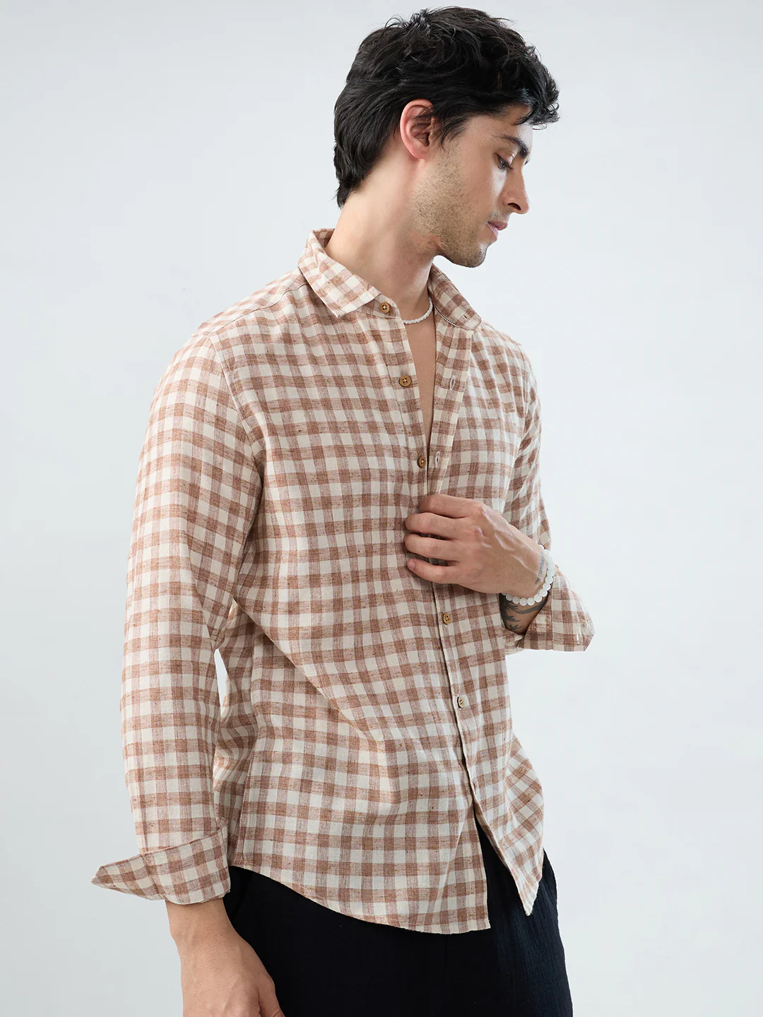 Brown Square Checks Linen Blend Shirt - Image 5
