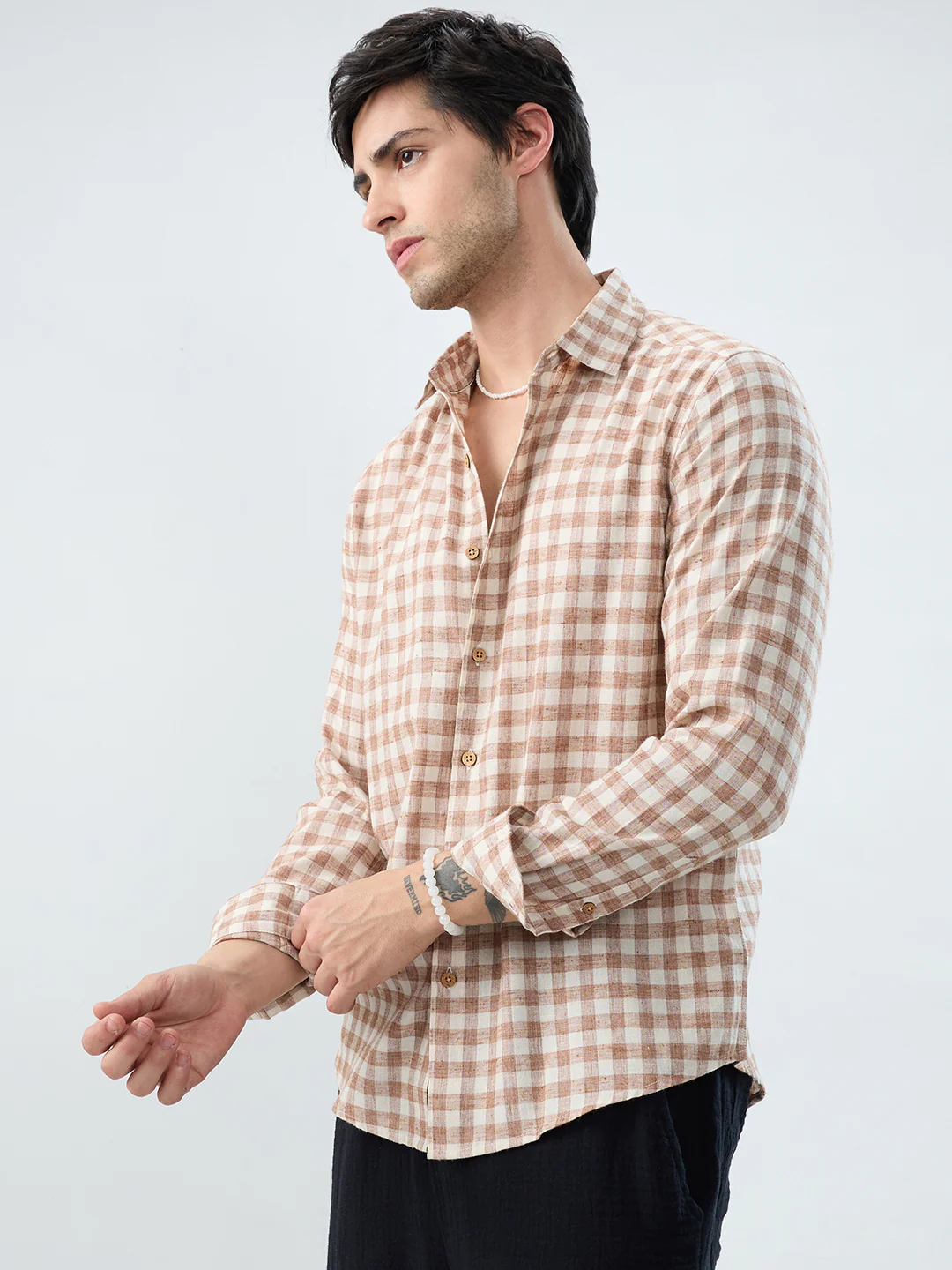 Brown Square Checks Linen Blend Shirt - Image 6