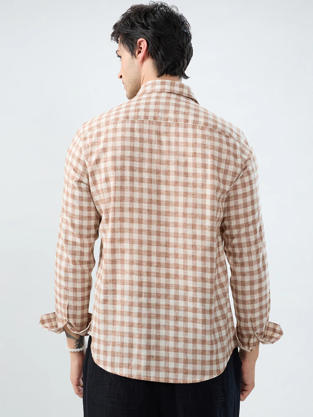 Brown Square Checks Linen Blend Shirt - Image 7