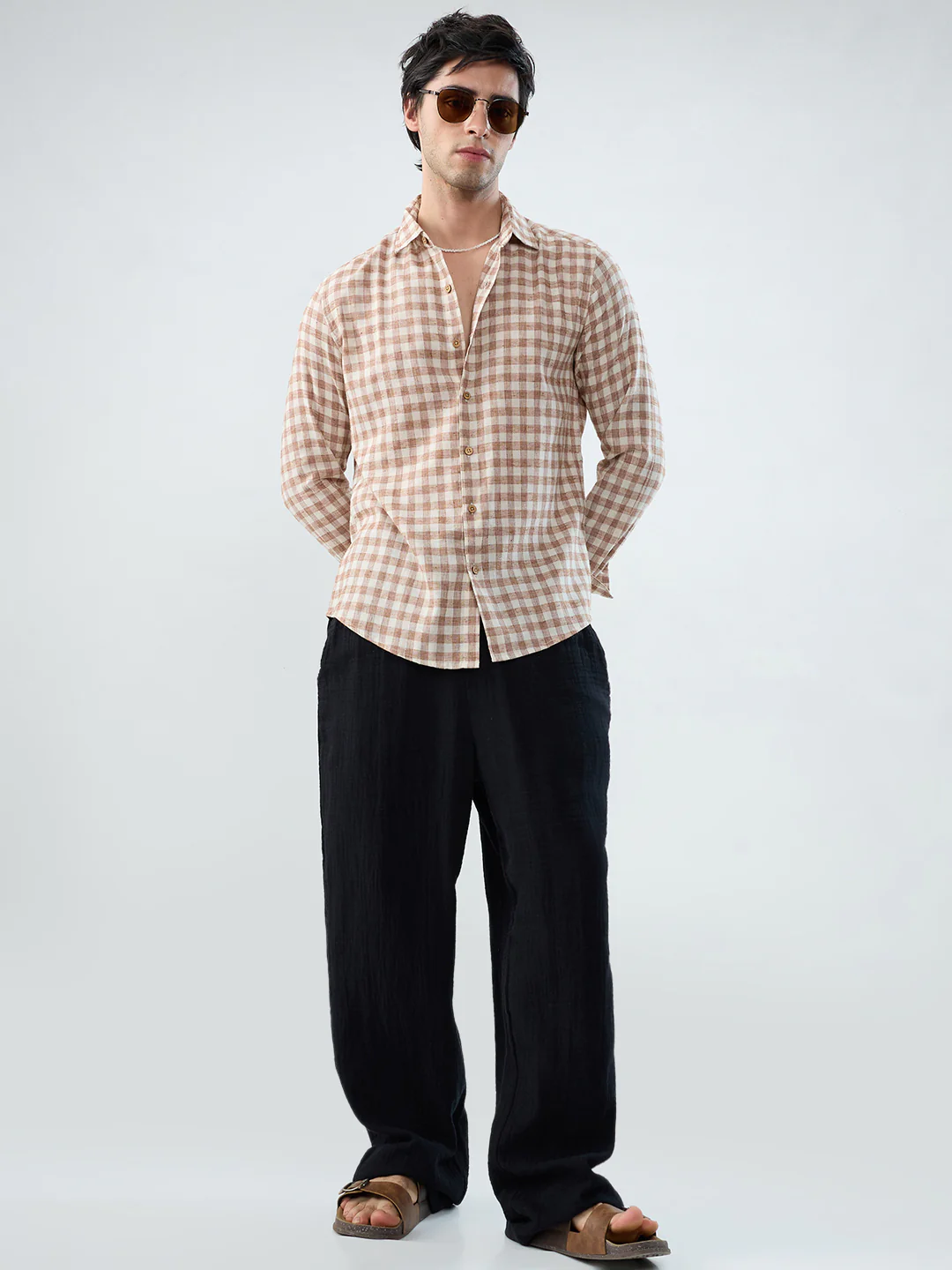 Brown Square Checks Linen Blend Shirt - Image 8