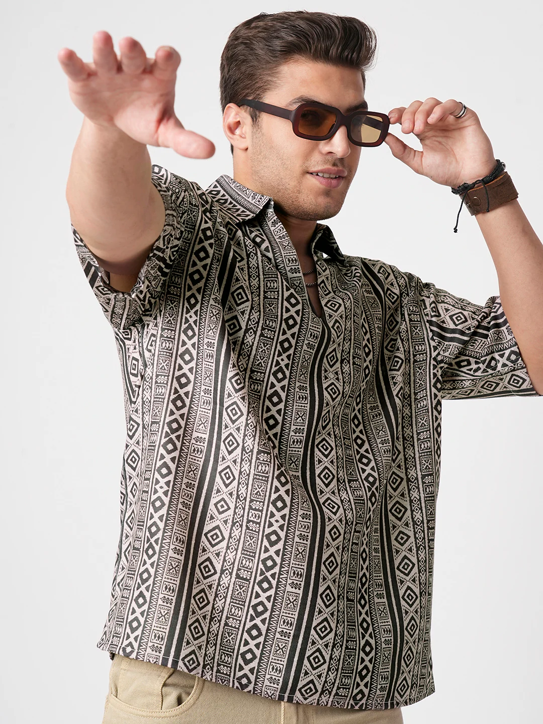 Brown Tribal Print Oversized Polo Shirt - Image 2