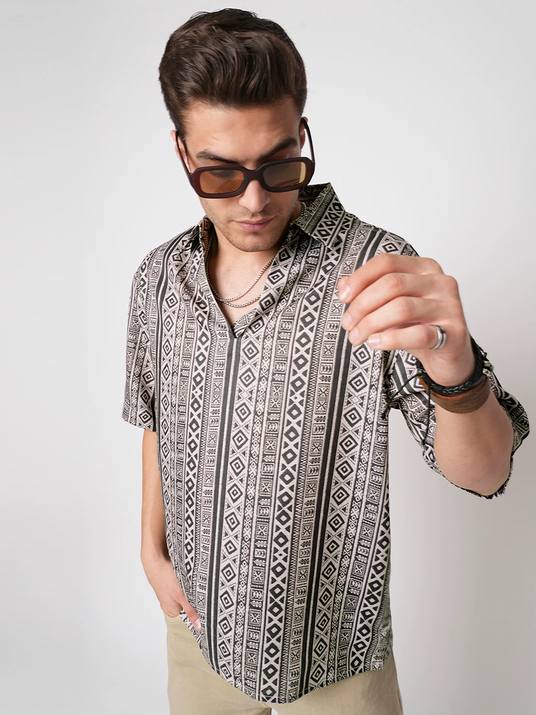 Brown Tribal Print Oversized Polo Shirt - Image 4