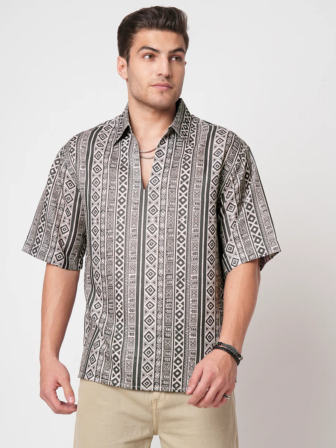 Brown Tribal Print Oversized Polo Shirt - Image 5
