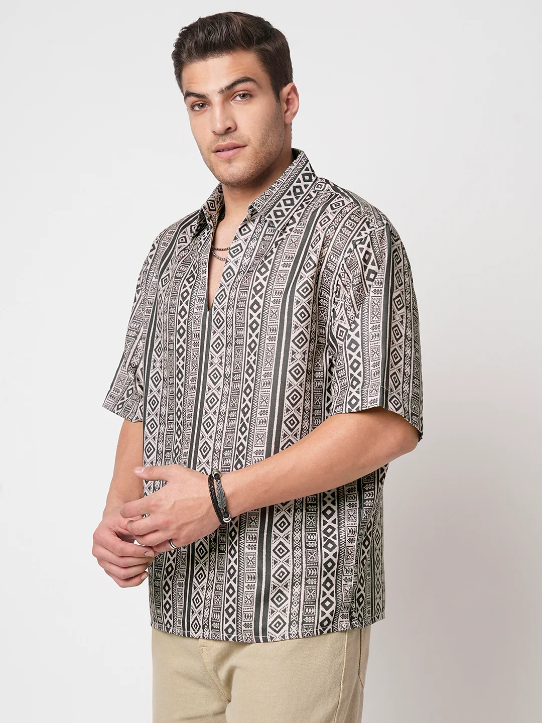 Brown Tribal Print Oversized Polo Shirt - Image 6