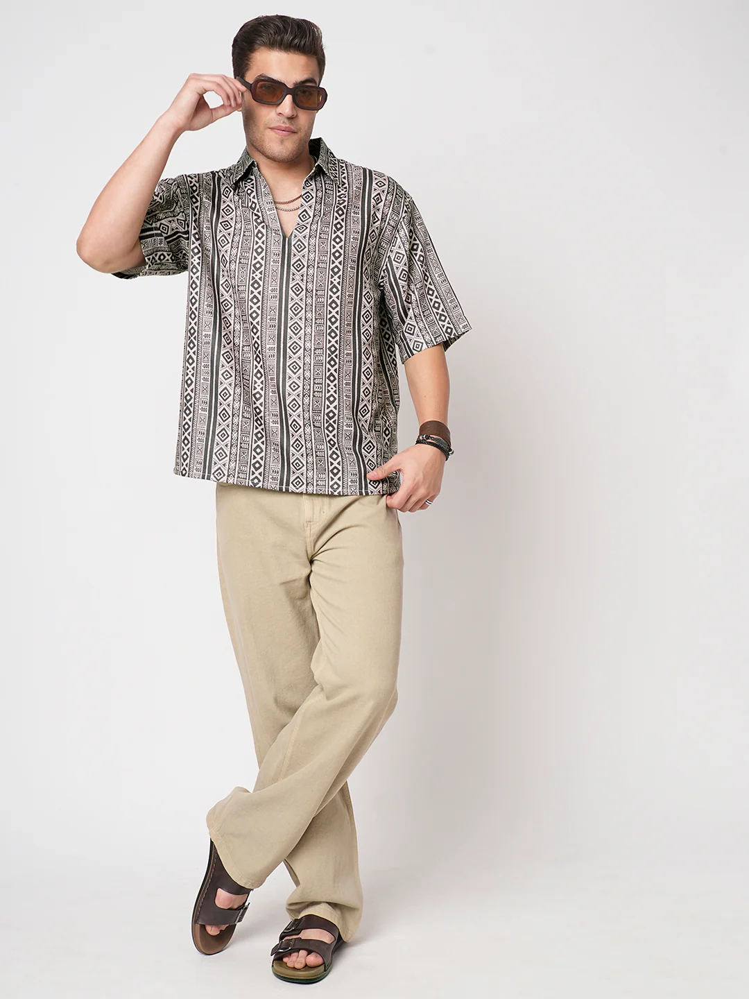 Brown Tribal Print Oversized Polo Shirt - Image 8