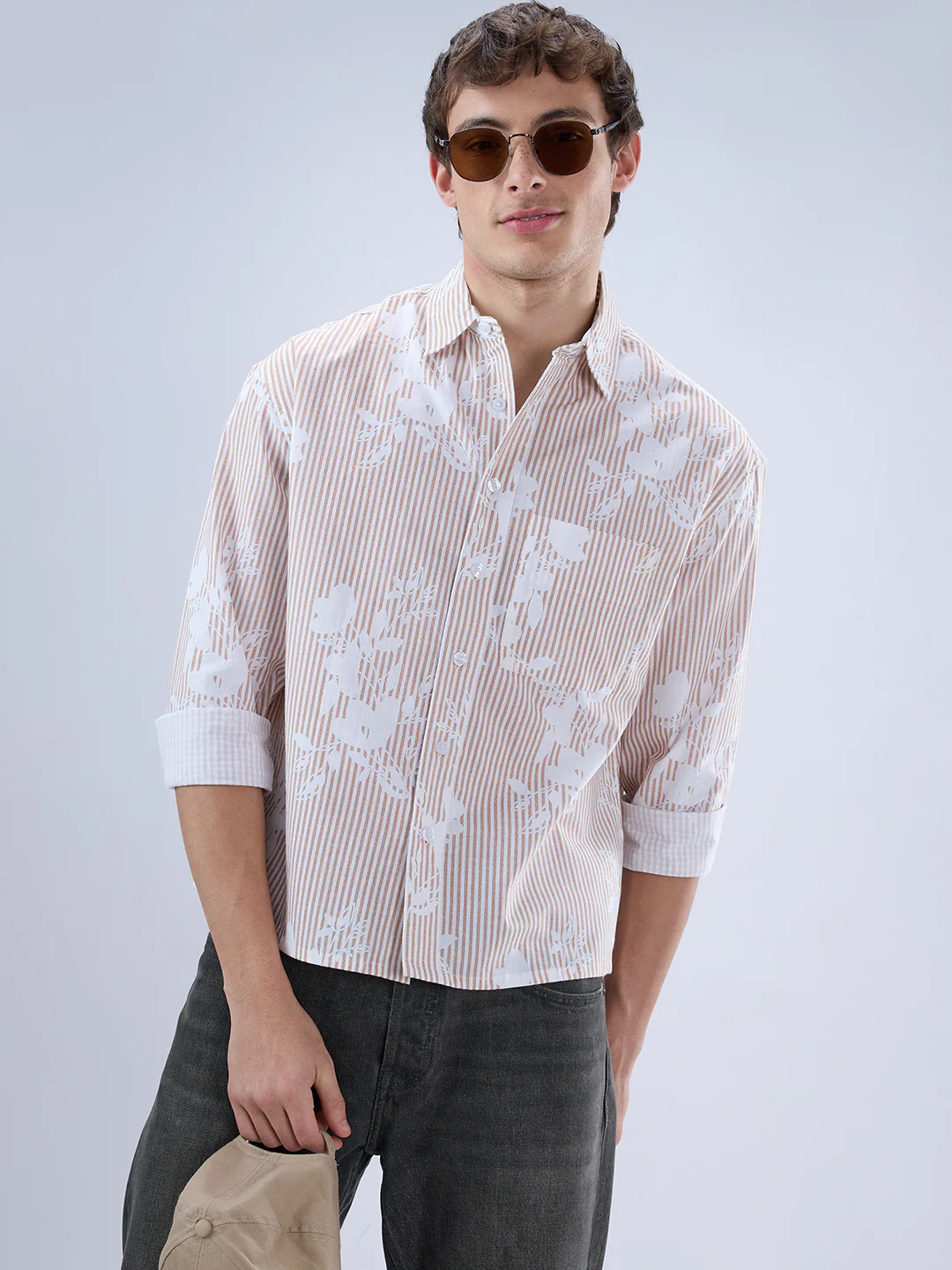 Brown & White Contemporary Floral Boxy Fit Crop Shirt - Image 2