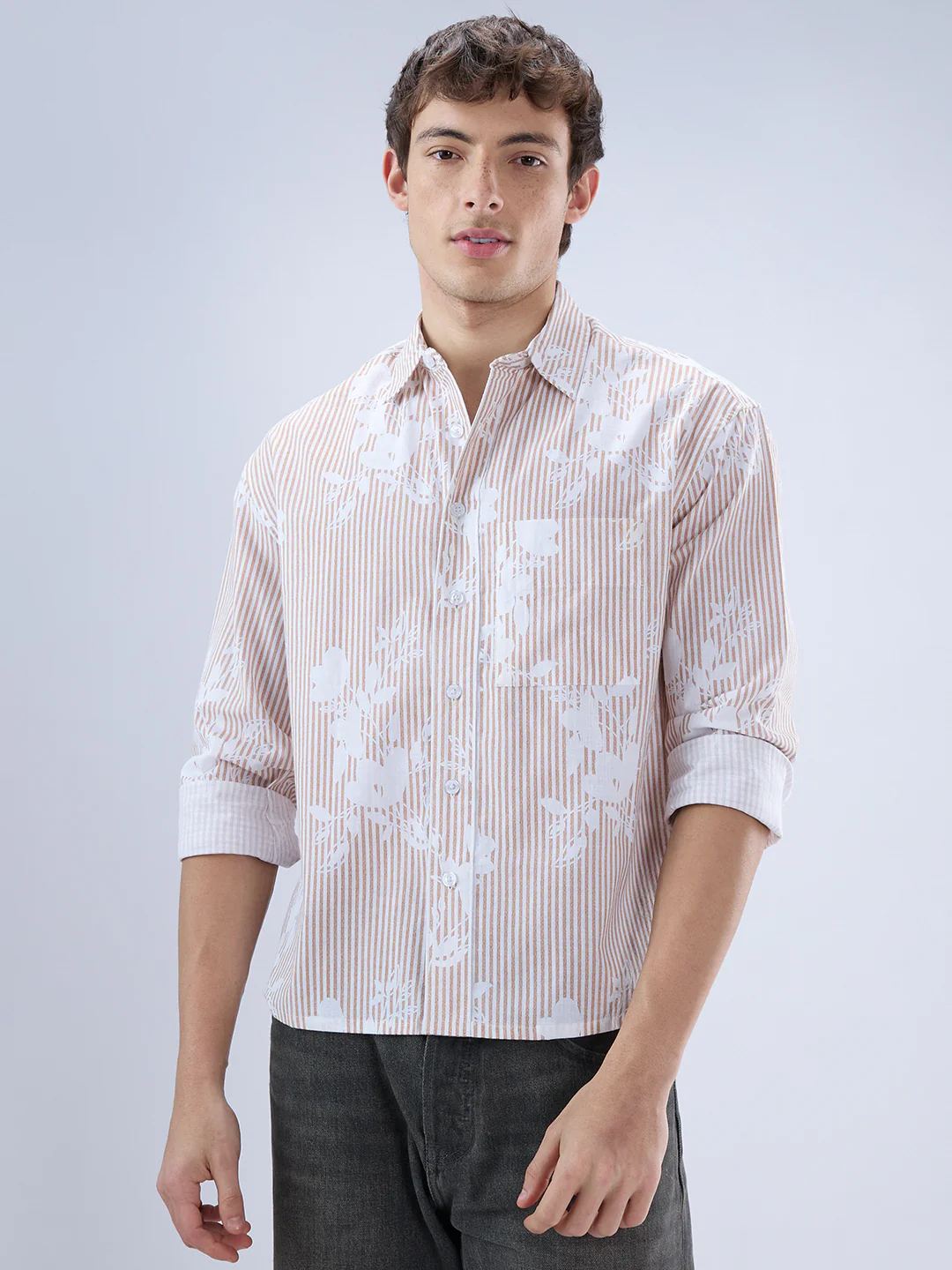 Brown & White Contemporary Floral Boxy Fit Crop Shirt - Image 4