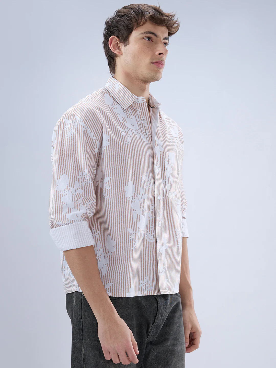 Brown & White Contemporary Floral Boxy Fit Crop Shirt - Image 5