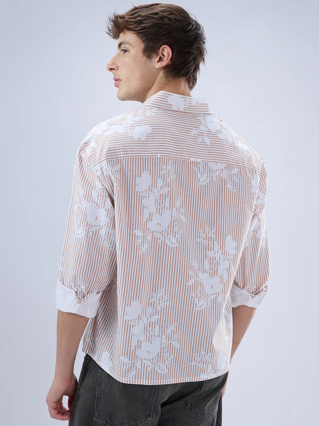 Brown & White Contemporary Floral Boxy Fit Crop Shirt - Image 6