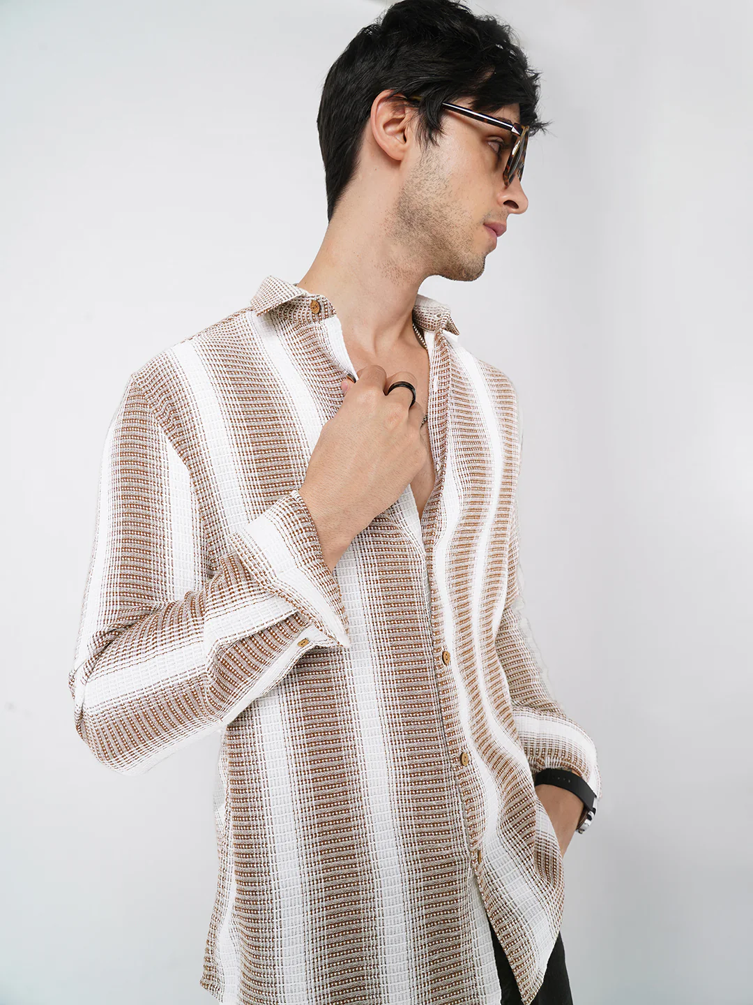 Brown & White Dobby Striped Shirt - Image 2
