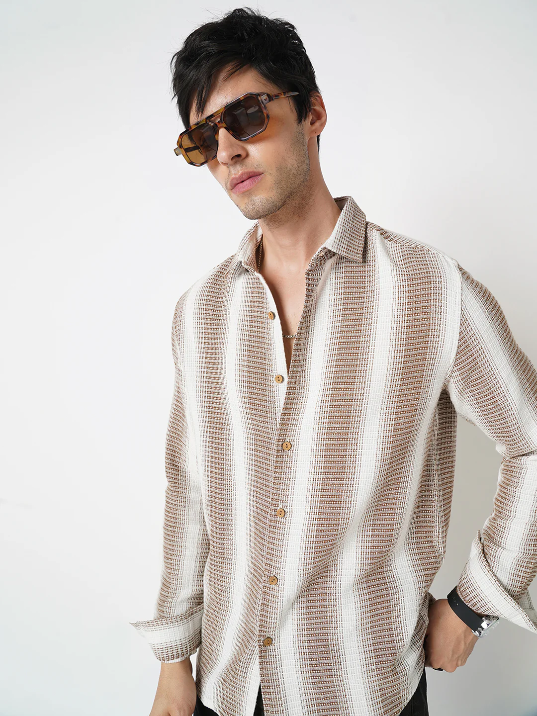Brown & White Dobby Striped Shirt - Image 4