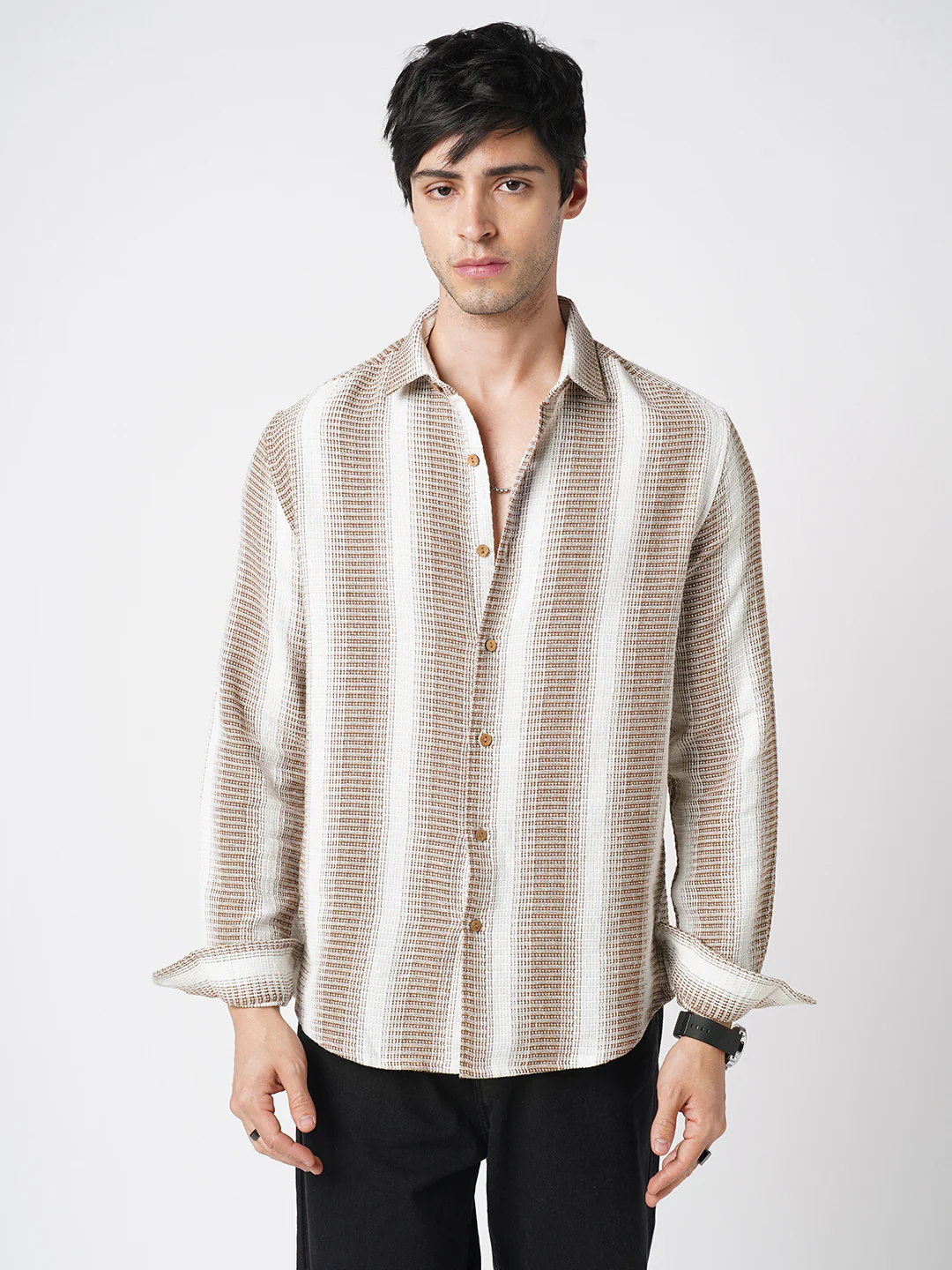Brown & White Dobby Striped Shirt - Image 5