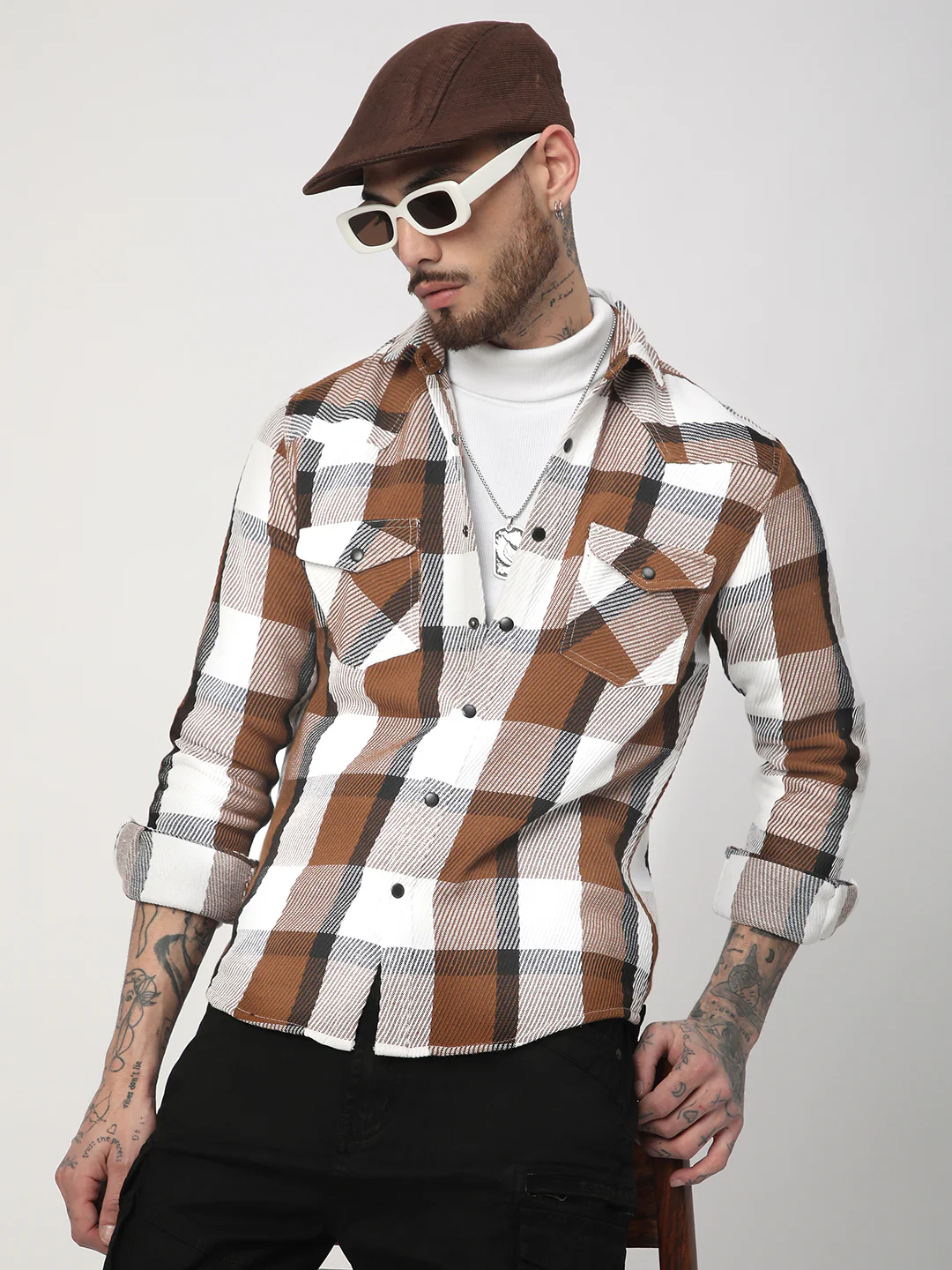 Brown & White Heavy Twill Jacquard Double Pocket Shirt